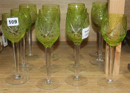 Twelve green hock glasses